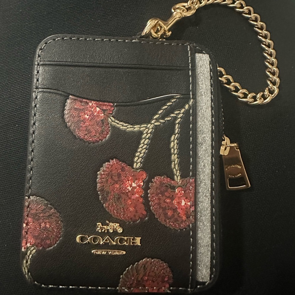 Coach Black and Red Floral Keychain Card Holder